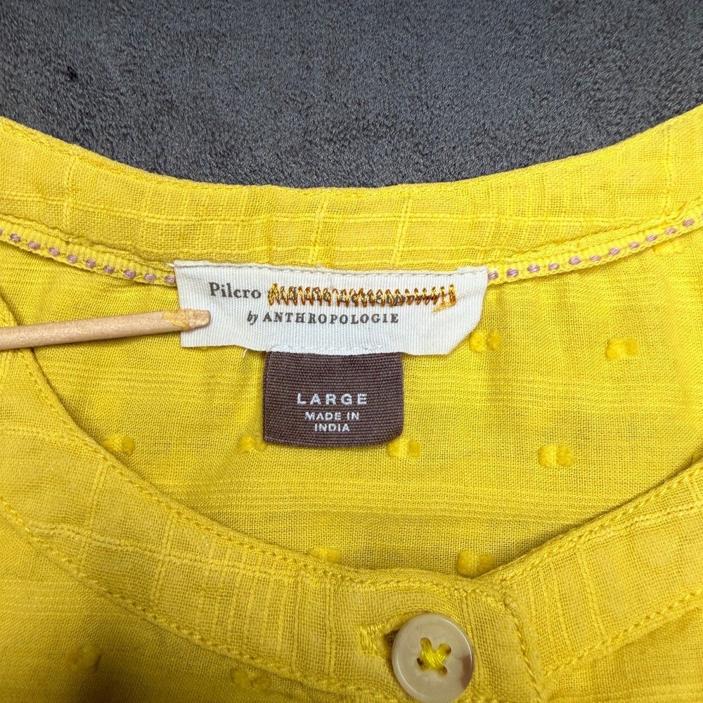 Pilcro Anthropologie Button Down Blouse Womens Large Yellow Swiss Dot Boho Top - Picture 4 of 10
